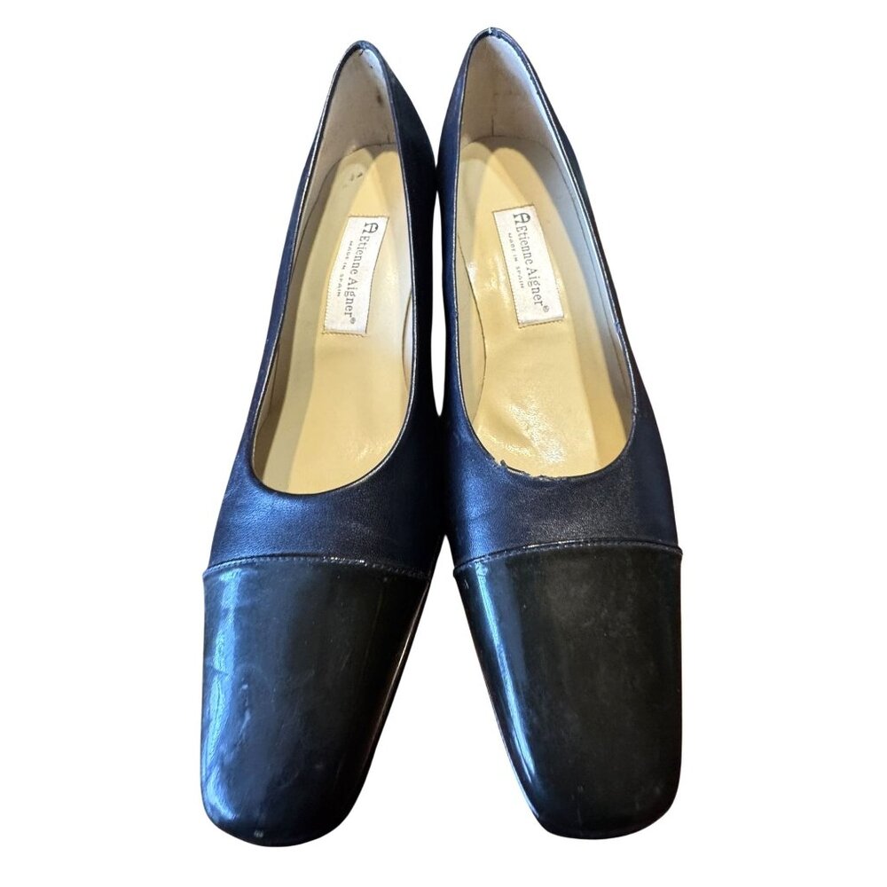 Etienne Aigner Black Leather Cap Toe Pumps Size 10M Block Heel Made Spain